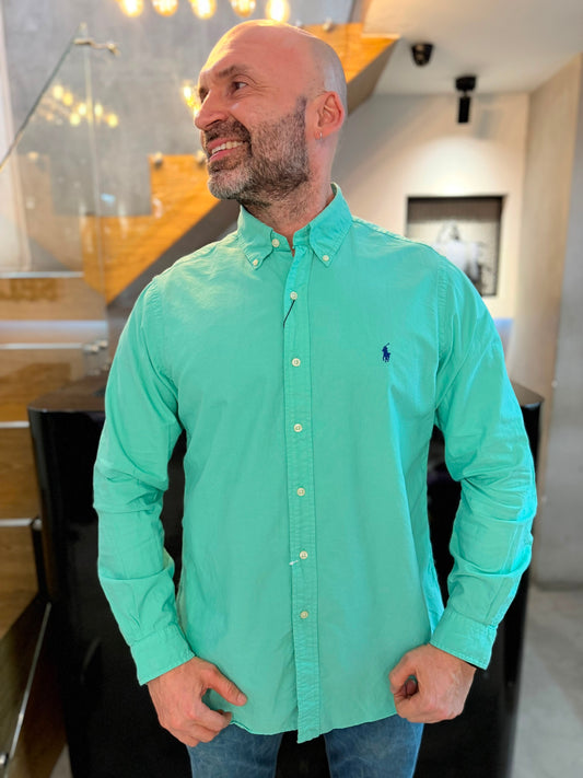 Camisa Polo R.L hombre Oxford Verde Menta Caballo Azul