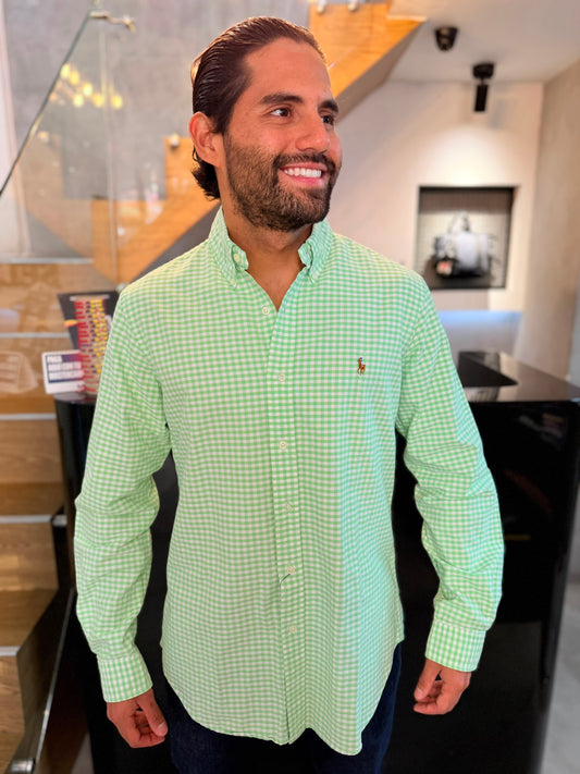 Camisa Polo R.L hombre Oxford Cuadros Verdes Limón Con Blanco  Caballo Multicolor