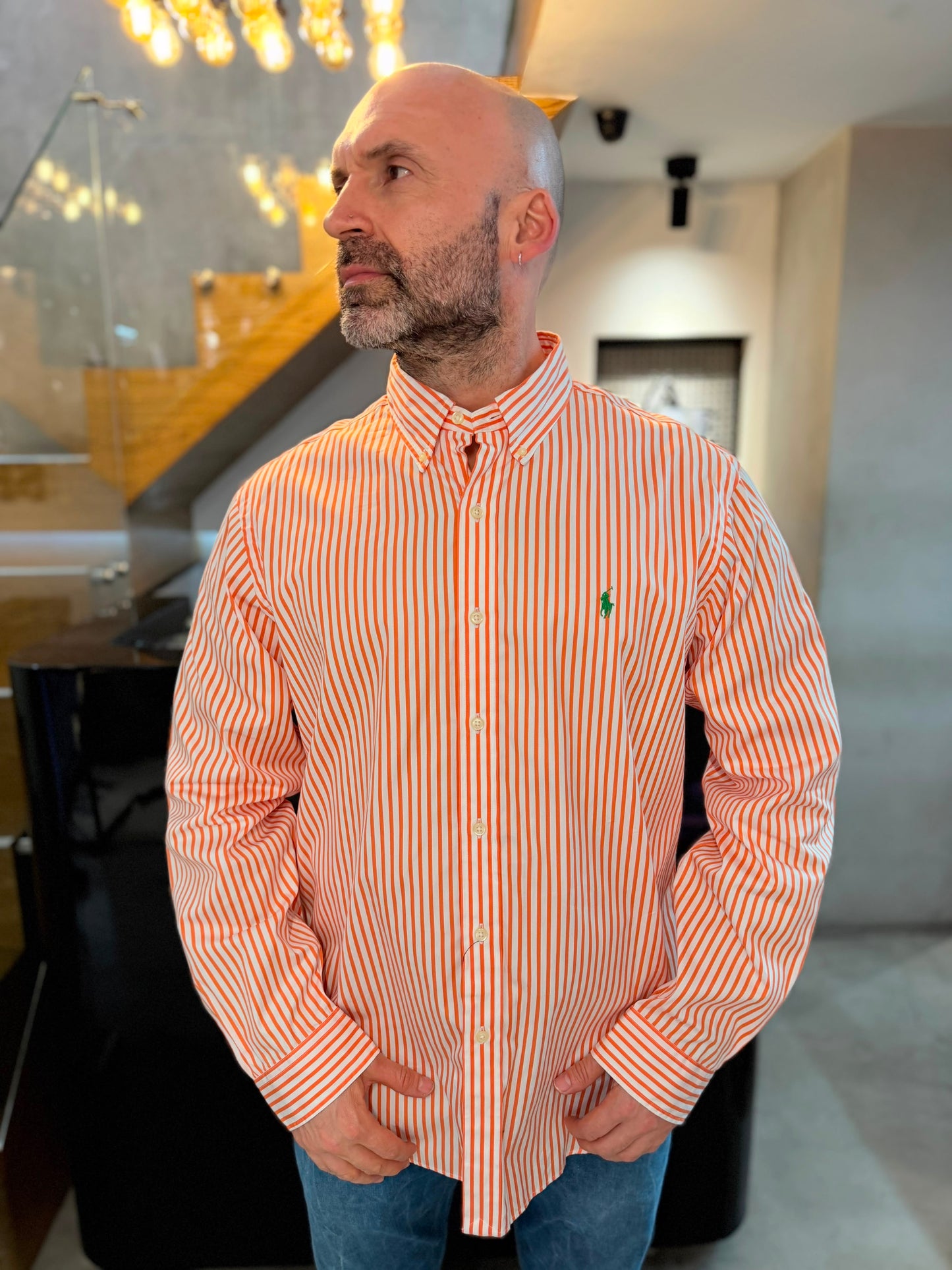 Camisa Polo R.L hombre Algodón Rayas Naranjas Con Blanco Caballo Verde