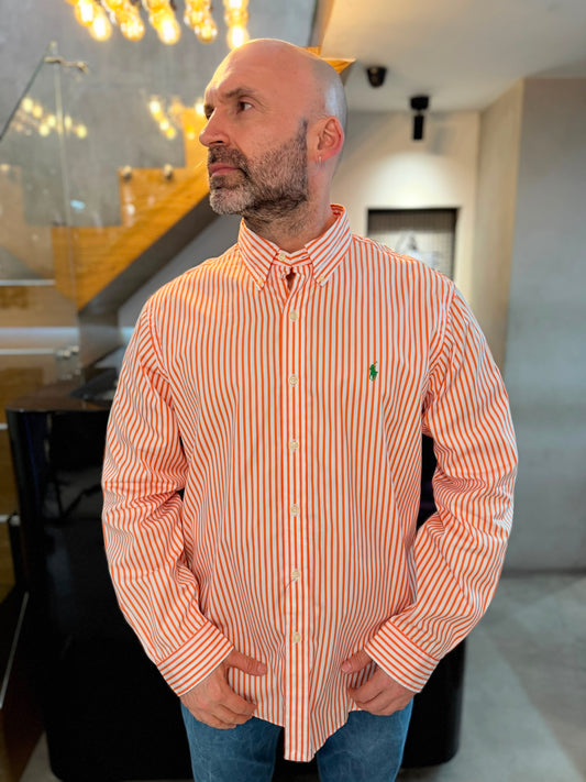 Camisa Polo R.L hombre Algodón Rayas Naranjas Con Blanco Caballo Verde