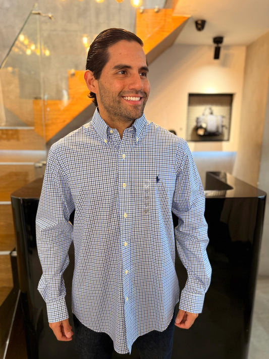 Camisa Polo R.L hombre Algodón Cuadros Azules Caballo Azul