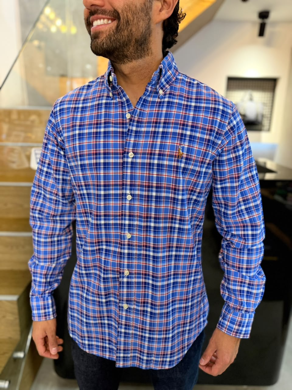 Camisa Polo R.L hombre Oxford Cuadros Azules Con Rojo Caballo Multicolor