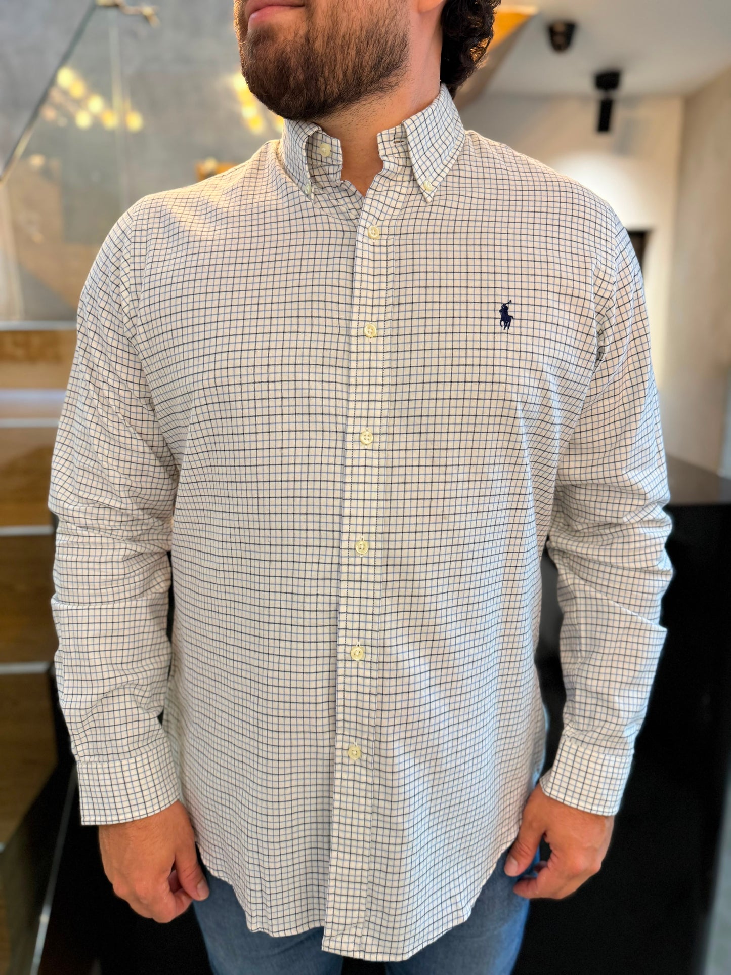 Camisa Polo R.L hombre Algodón Custom Fit Cuadros Blancos Caballo Azul