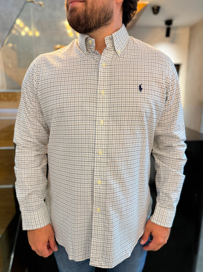 Camisa Polo R.L hombre Algodón Custom Fit Cuadros Blancos Caballo Azul