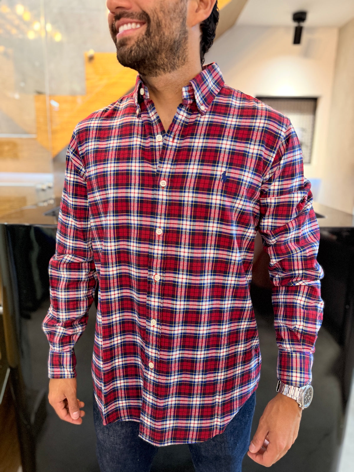 Camisa Polo R.L hombre Algodón Grueso Cuadros Rojos Con Blanco Caballo Azul