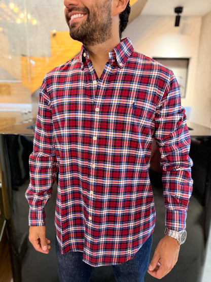Camisa Polo R.L hombre Algodón Grueso Cuadros Rojos Con Blanco Caballo Azul