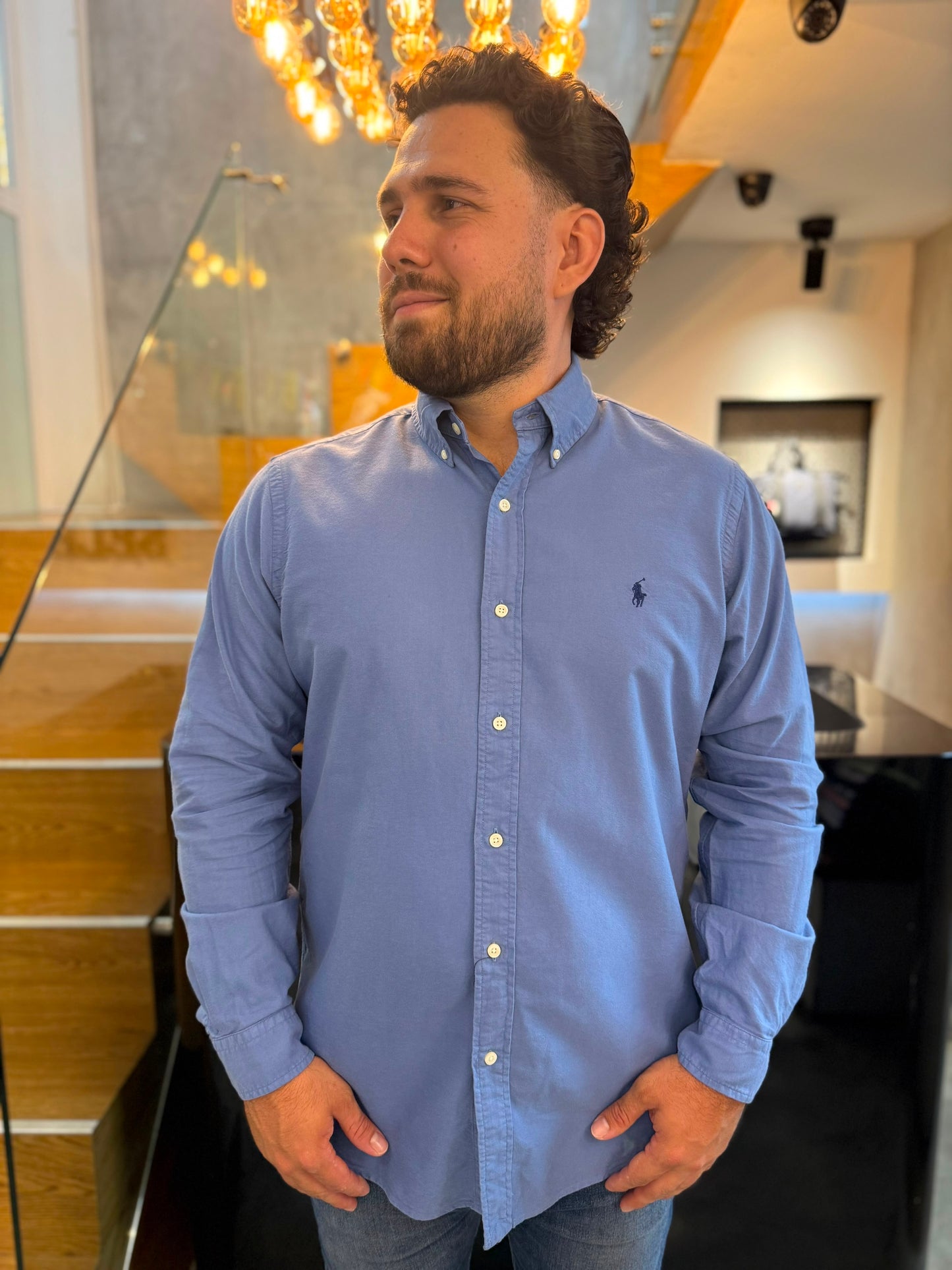 Camisa Polo R.L hombre Oxford Azul Caballo Azul