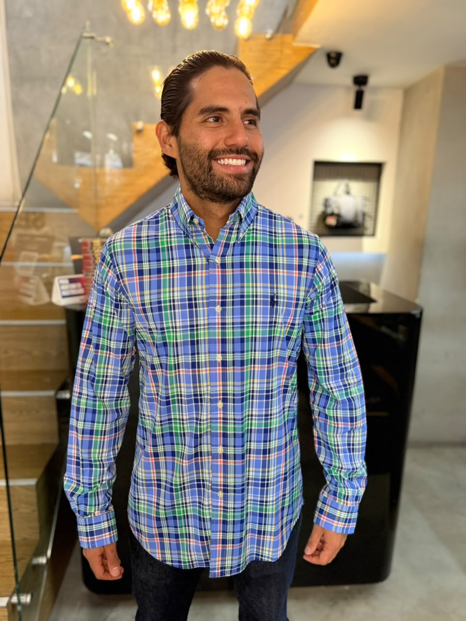 Camisa Polo R.L hombre Algodón Performance Cuadros Azules Caballo Azul