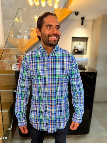 Camisa Polo R.L hombre Algodón Performance Cuadros Azules Caballo Azul