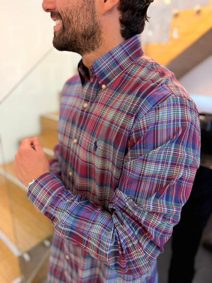 Camisa Polo R.L hombre Algodón Cuadros Morados Con Verde Caballo Azul