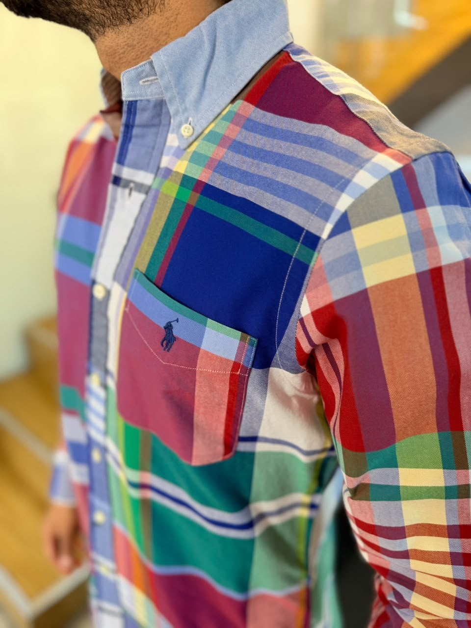 Camisa Polo R.L hombre Oxford Cuadros Colores Caballo Azul