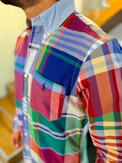 Camisa Polo R.L hombre Oxford Cuadros Colores Caballo Azul