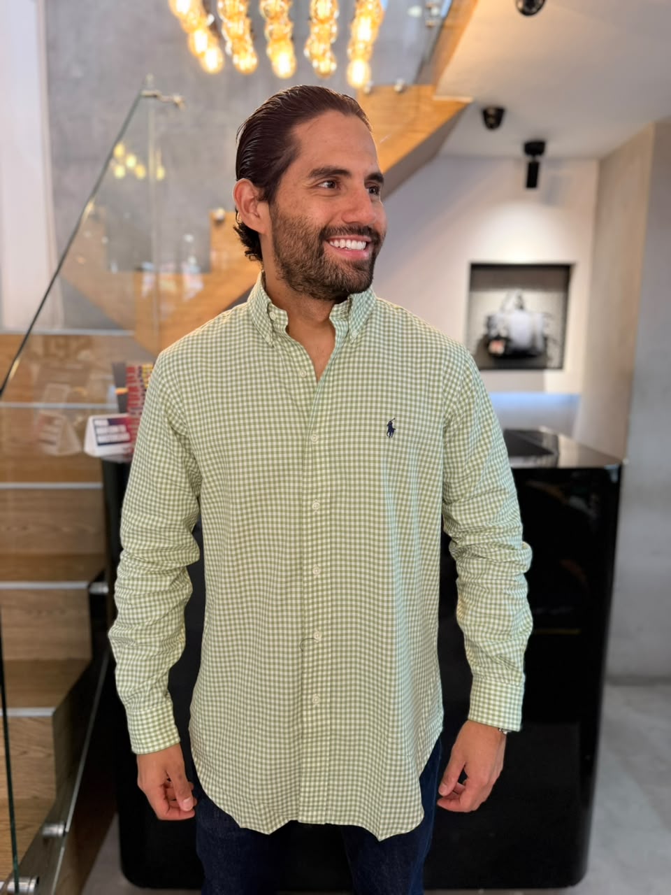 Camisa Polo R.L hombre Algodón Cuadros Verde Oliva Caballo Azul