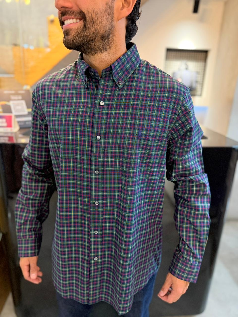 Camisa Polo R.L hombre Algodón Cuadros Verdes Caballo Azul