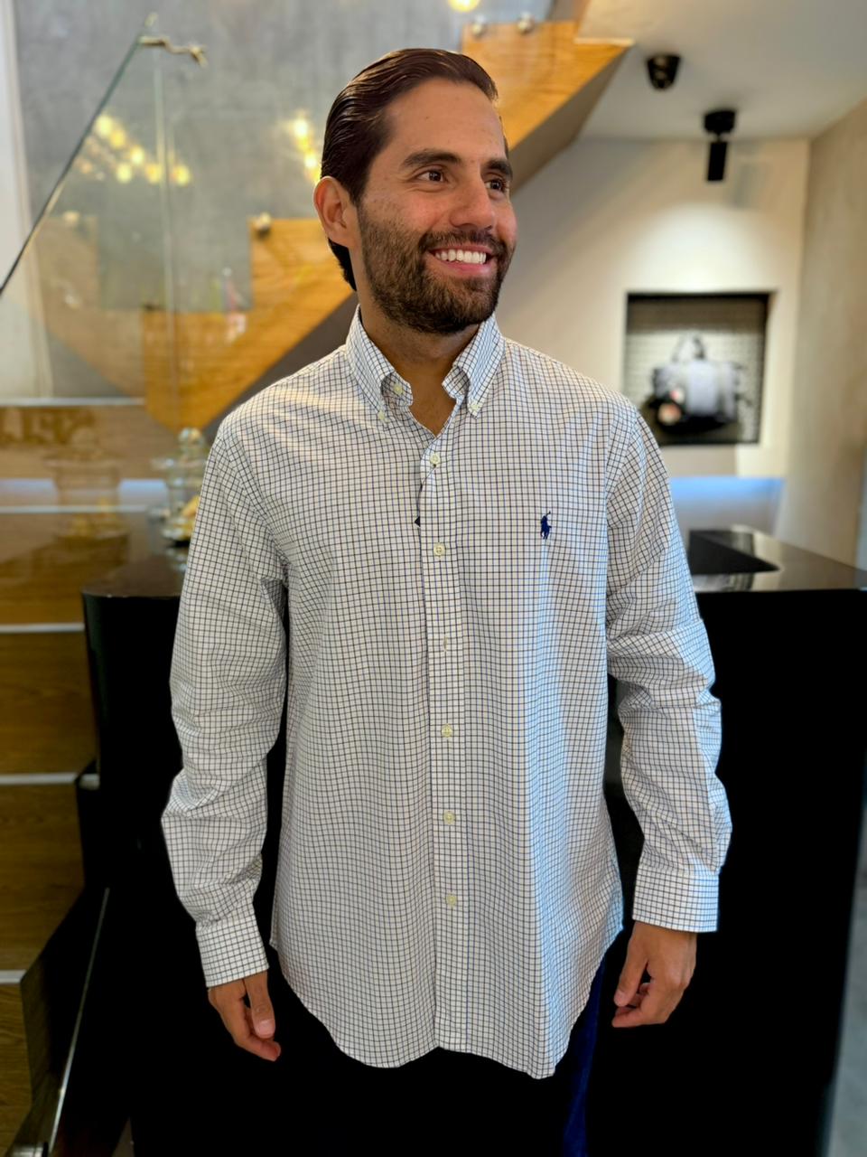 Camisa Polo R.L hombre Algodón Cuadros Blancos Caballo Azul
