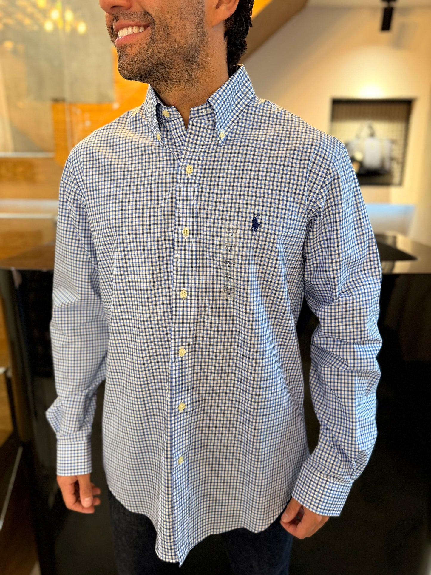 Camisa Polo R.L hombre Algodón Cuadros Azules Caballo Azul