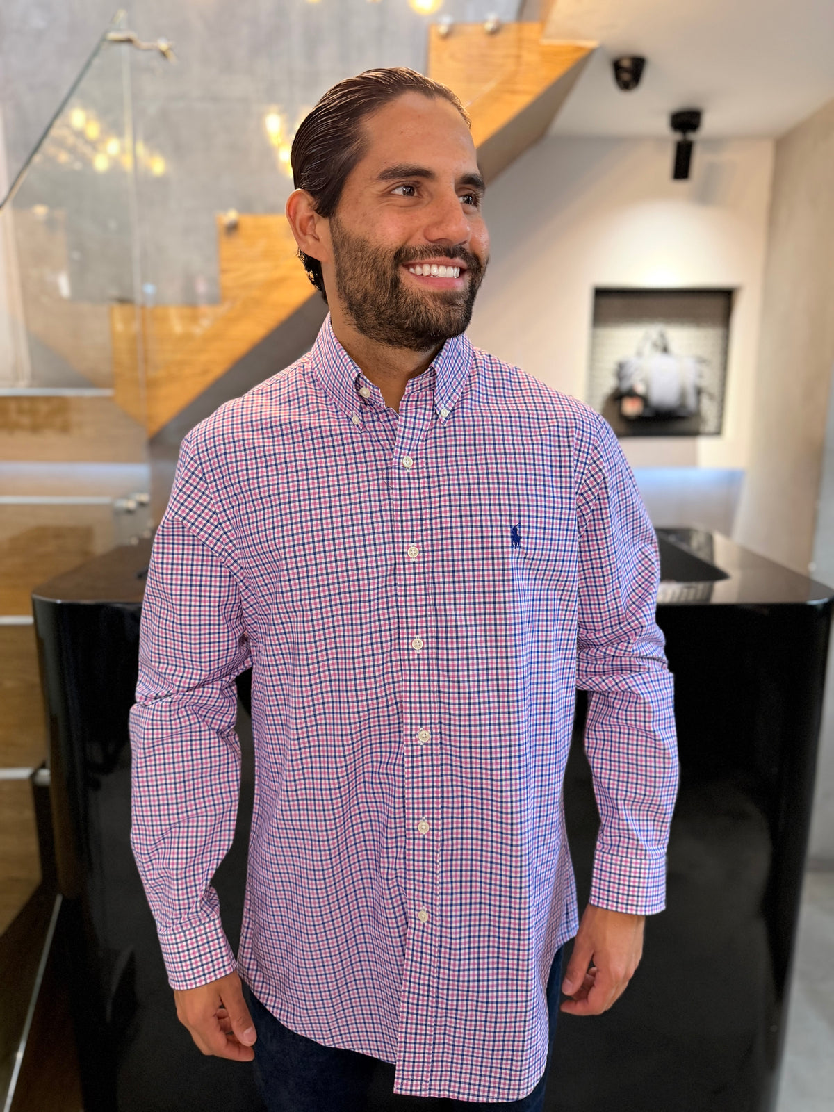 Camisa Polo R.L hombre Algodón Cuadros Lilas Con Azul Caballo Azul