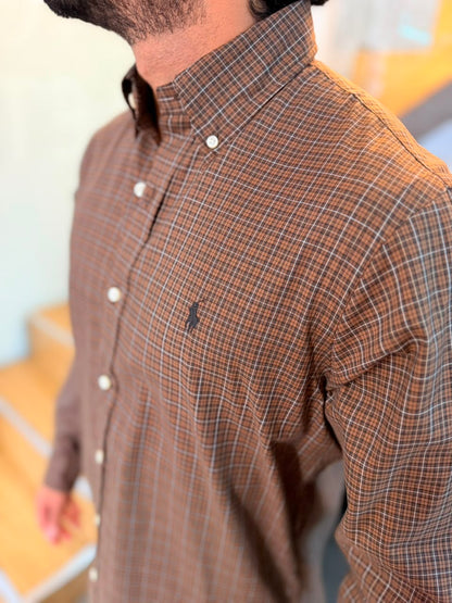 Camisa Polo R.L hombre Algodón Cuadros Cafés Caballo Negro
