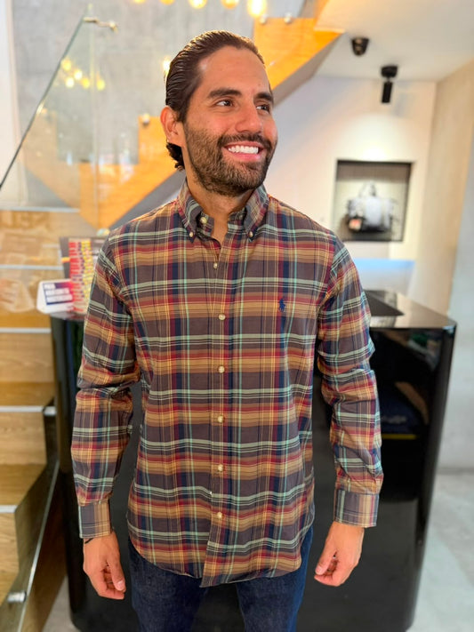 Camisa Polo R.L hombre Algodón Cuadros Café Claro Caballo Azul