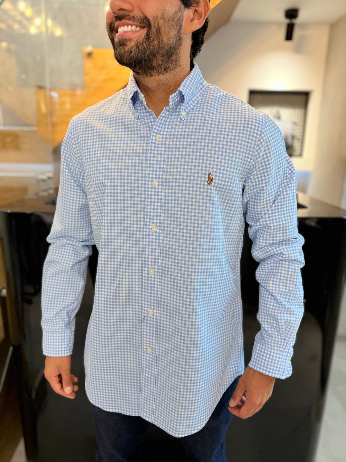 Camisa Polo R.L hombre Oxford Cuadros Celestes con Blanco Caballo Multicolor