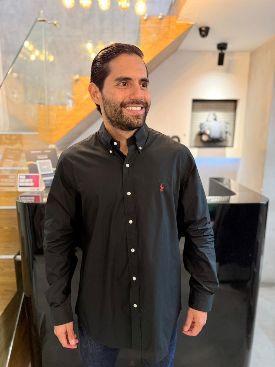 Camisa Polo R.L hombre Algodón Negra Caballo Rojo