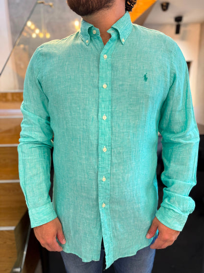 Camisa Polo R.L hombre Lino Verde Menta Caballo Verde Menta