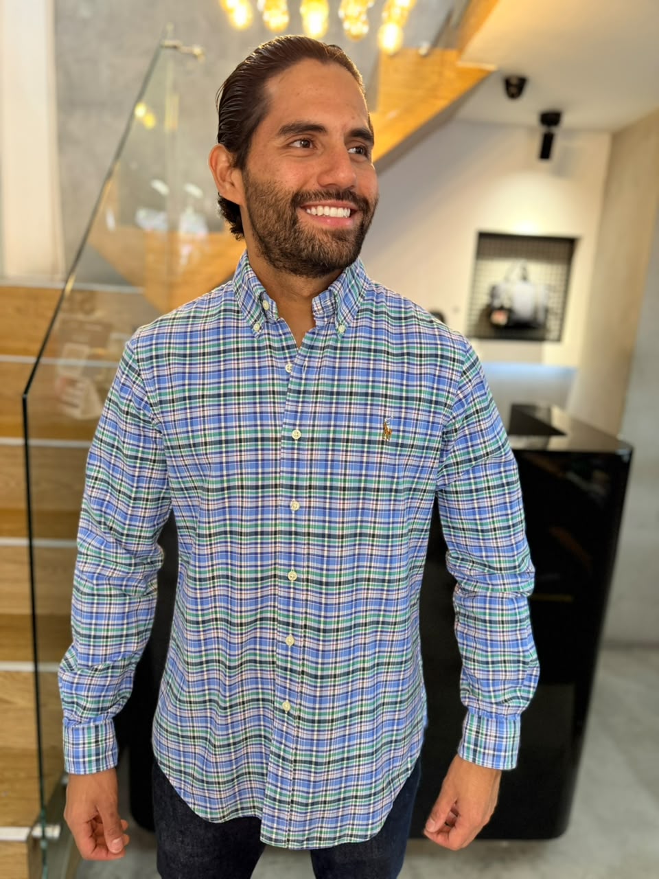 Camisa Polo R.L hombre Oxford Cuadros Celestes Con Lila Caballo Multicolor