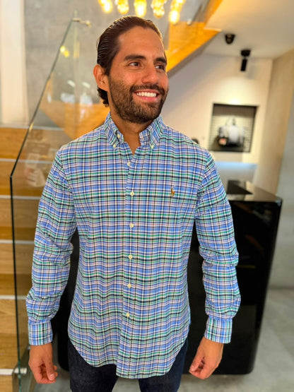 Camisa Polo R.L hombre Oxford Cuadros Celestes Con Lila Caballo Multicolor