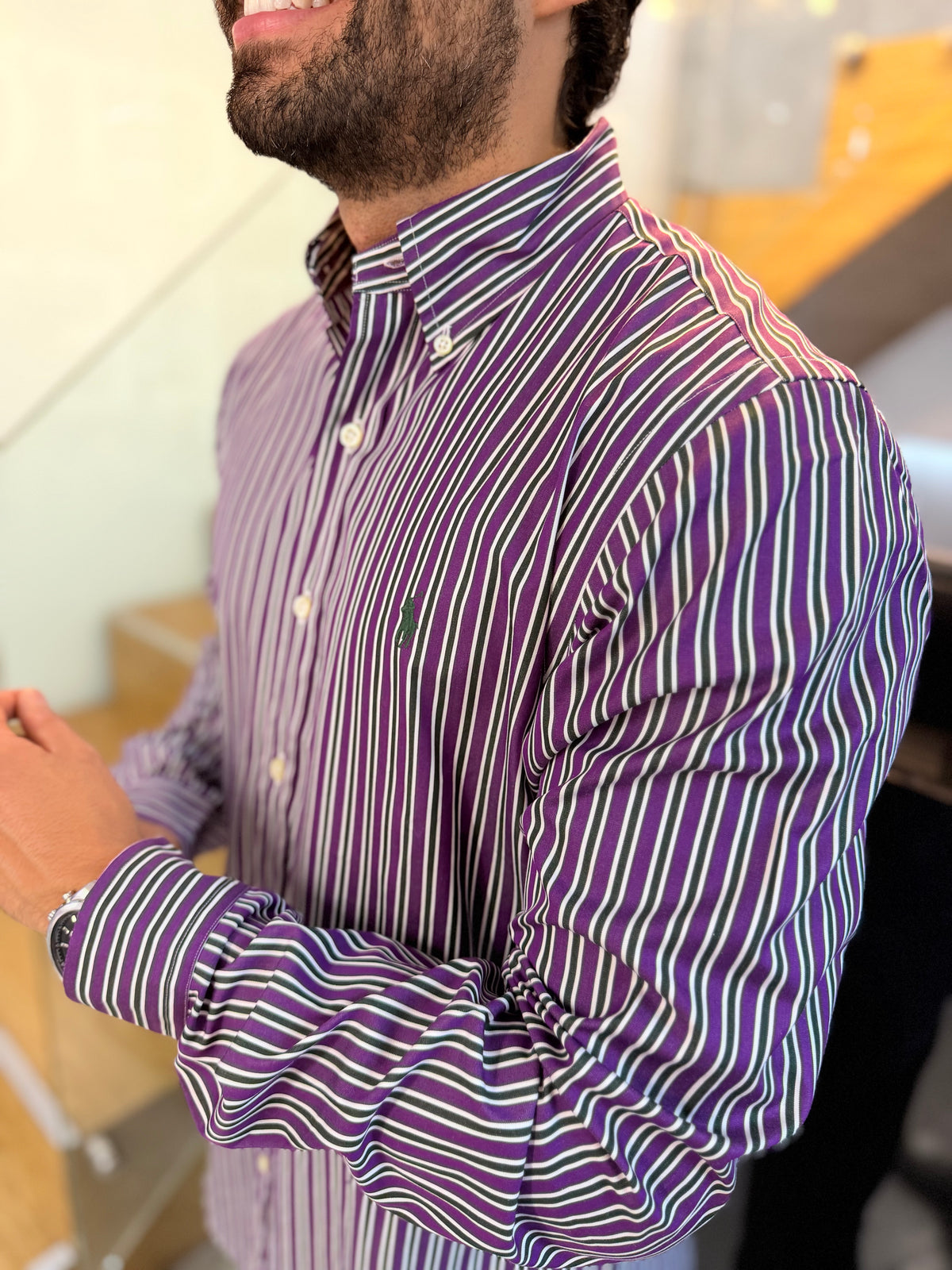 Camisa Polo R.L hombre Algodón Custom Fit Rayas Moradas Con Verdes Caballo Verde