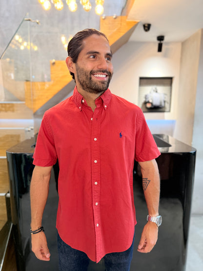 Camisa Polo R.L hombre Oxford Manga Corta Roja Caballo Azul