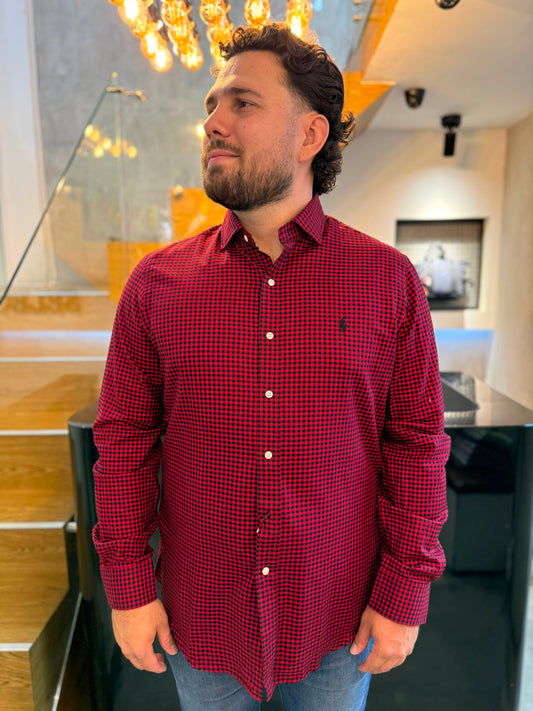Camisa Polo R.L hombre Algodón Cuadros Rojos Caballo Negro