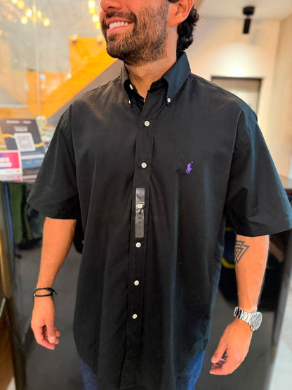 Camisa Polo R.L hombre Algodón Manga Corta Negra Caballo Morado