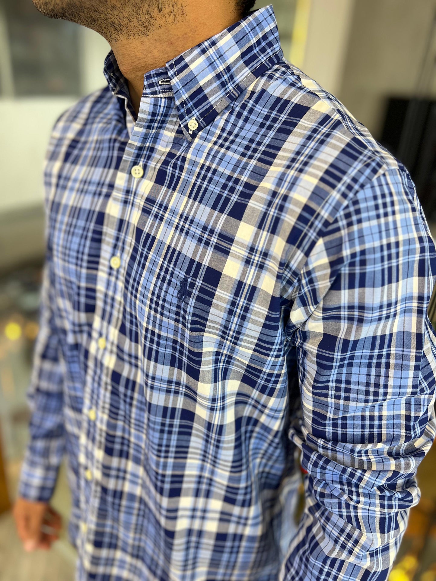Camisa Polo R.L hombre Algodón Cuadros Azules