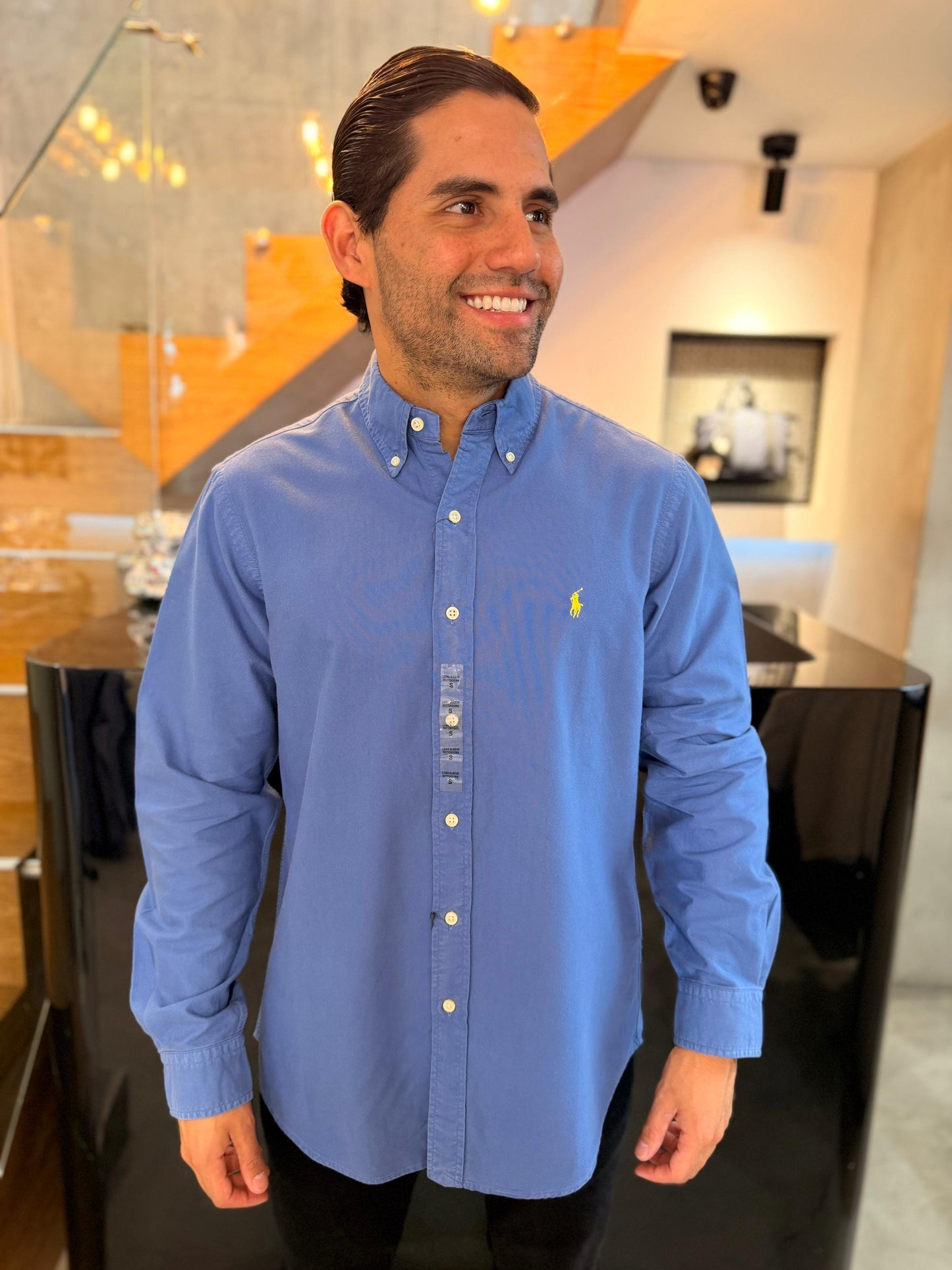 Camisa Polo R.L hombre Oxford Azul Caballo Amarillo