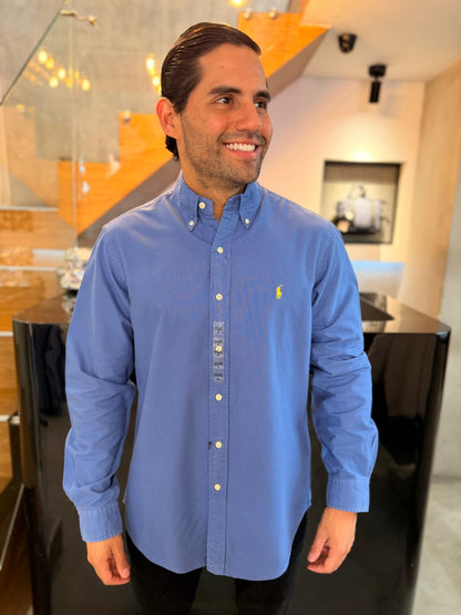 Camisa Polo R.L hombre Oxford Azul Caballo Amarillo