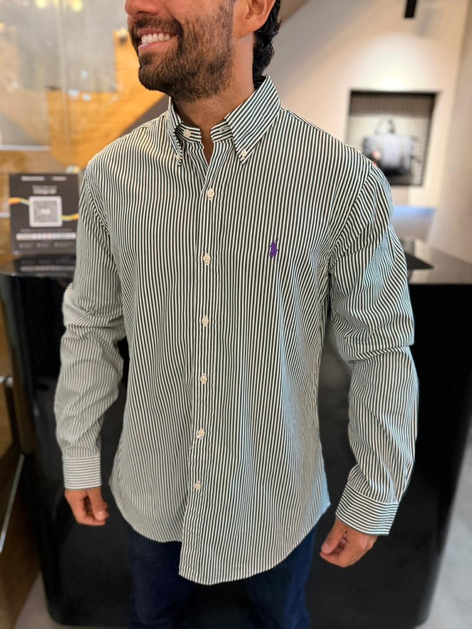 Camisa Polo R.L hombre Custom Fit Algodón Rayas Verdes Caballo morado