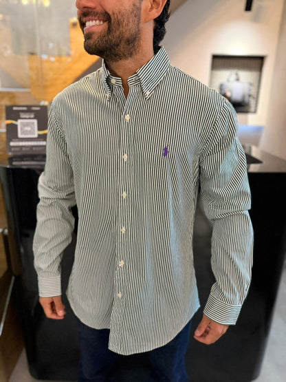Camisa Polo R.L hombre Custom Fit Algodón Rayas Verdes Caballo morado