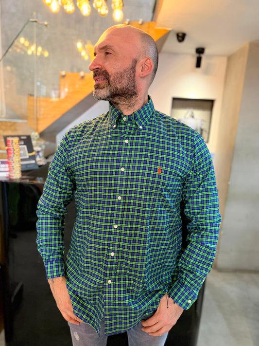 Camisa Polo R.L hombre Algodón Cuadros Verdes Con Azul Caballo Naranja