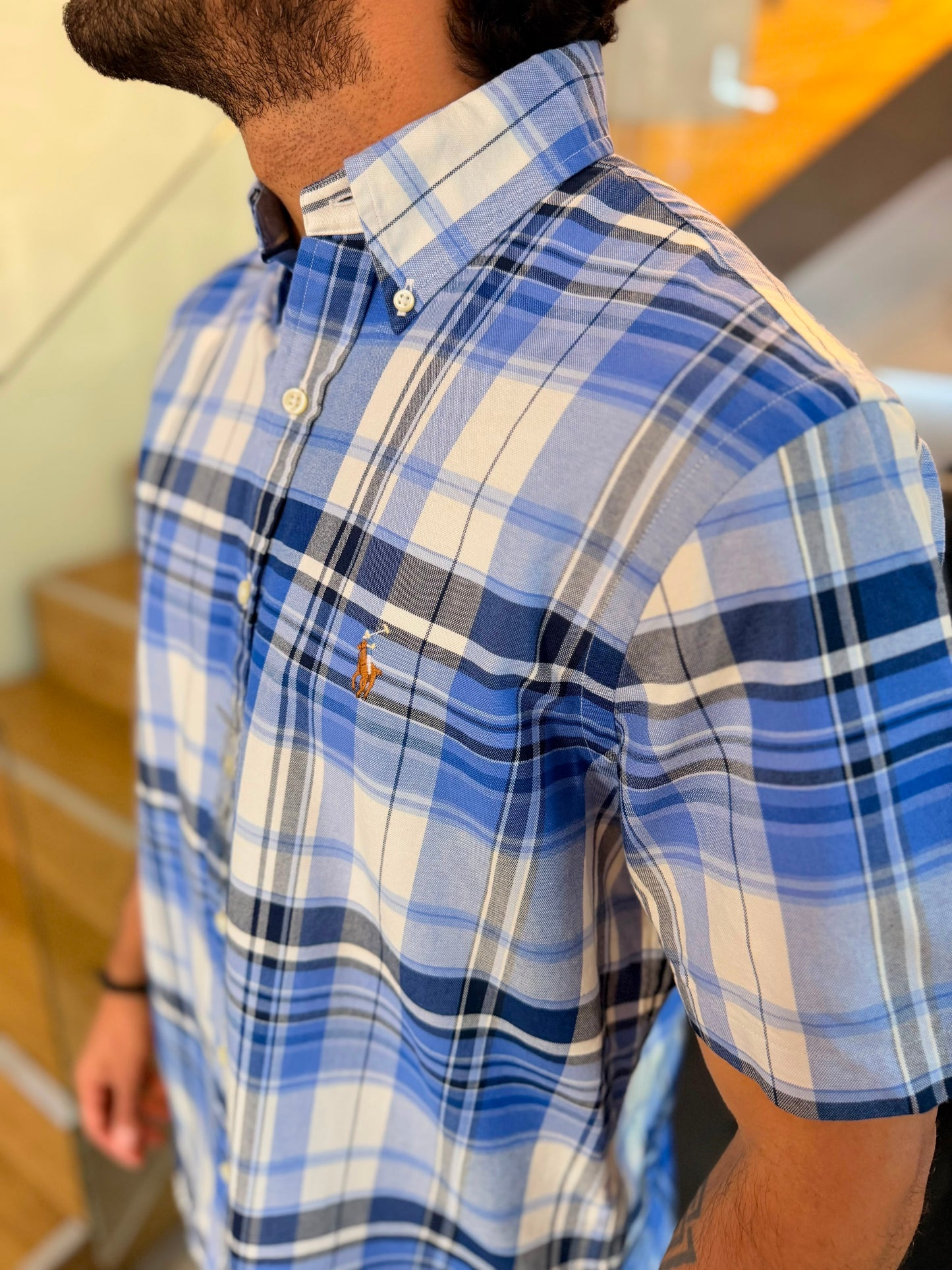 Camisa Polo R.L hombre Oxford Manga Corta Cuadros Azules Caballo Multicolor