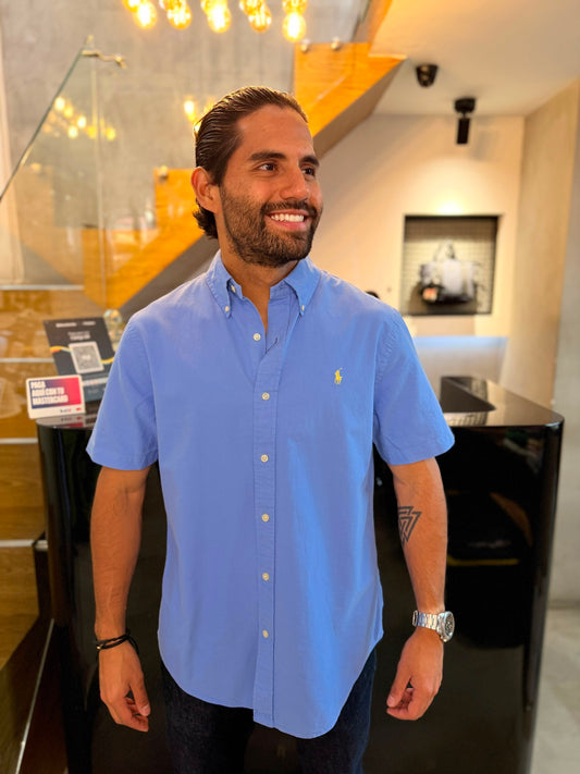 Camisa Polo R.L hombre Oxford Manga Corta Azul Cielo Caballo Amarillo