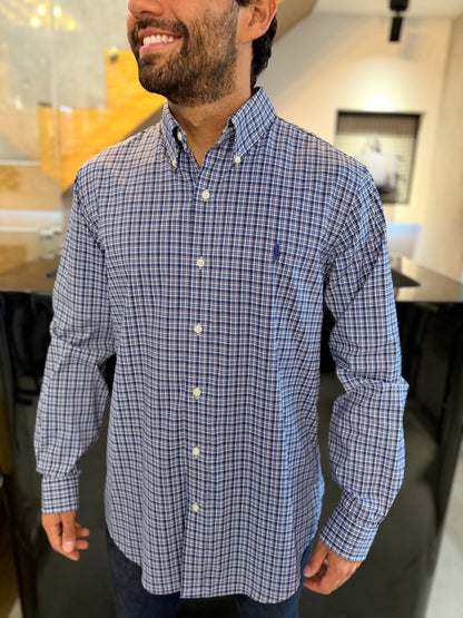 Camisa Polo R.L hombre Performance Cuadros Azules Oscuros Caballo Azul