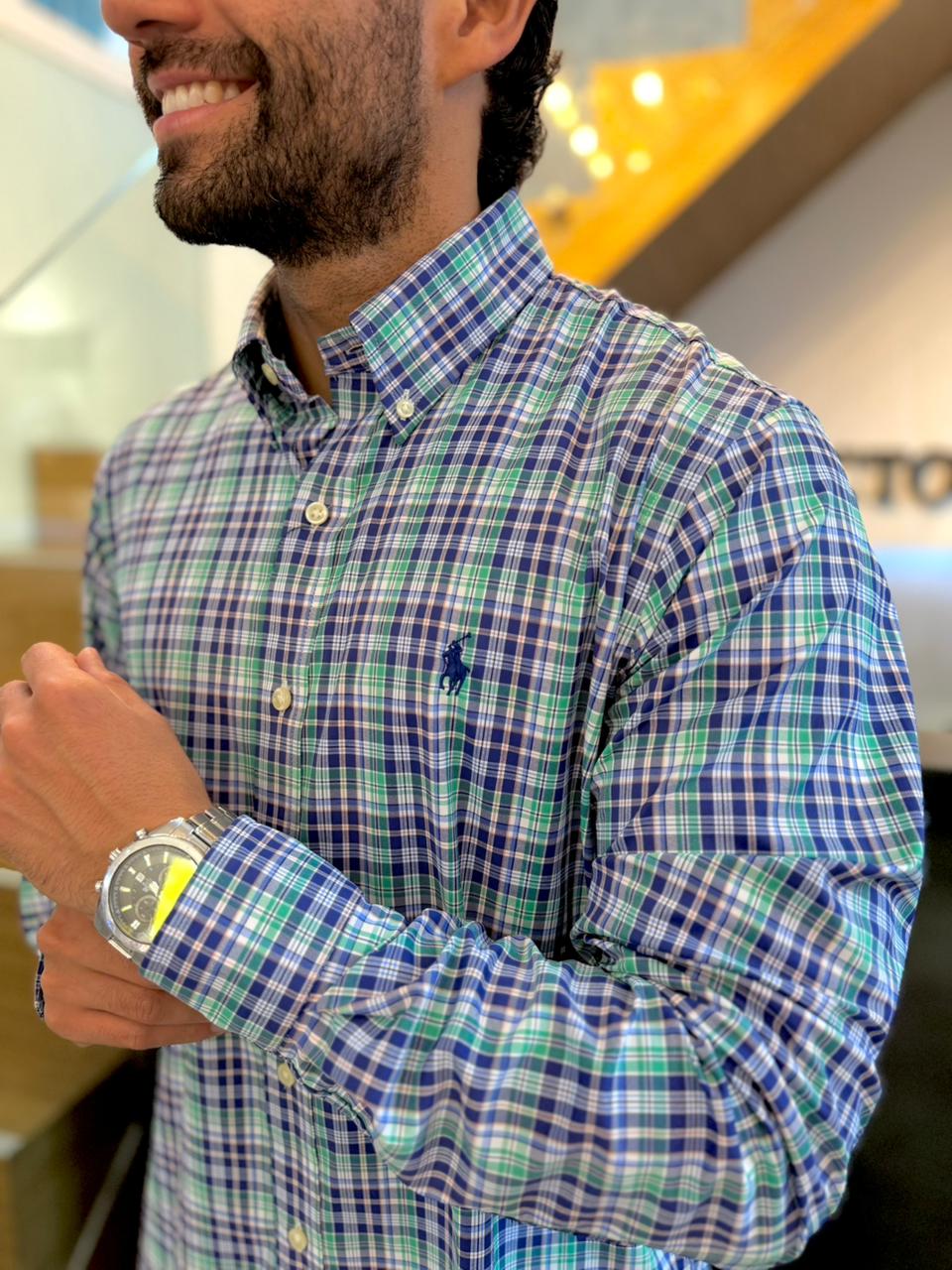 Camisa Polo R.L hombre Performance Cuadros Azules Con Verde Caballo Azul