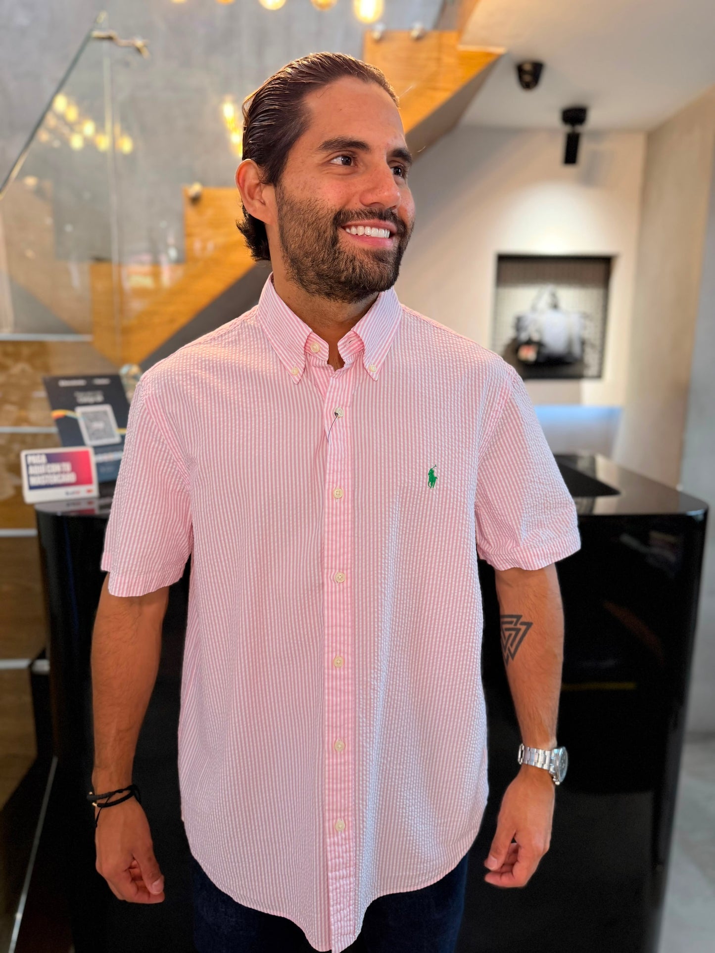 Camisa Polo R.L hombre Manga Corta Galleta Rayas Rosadas Caballo Verde