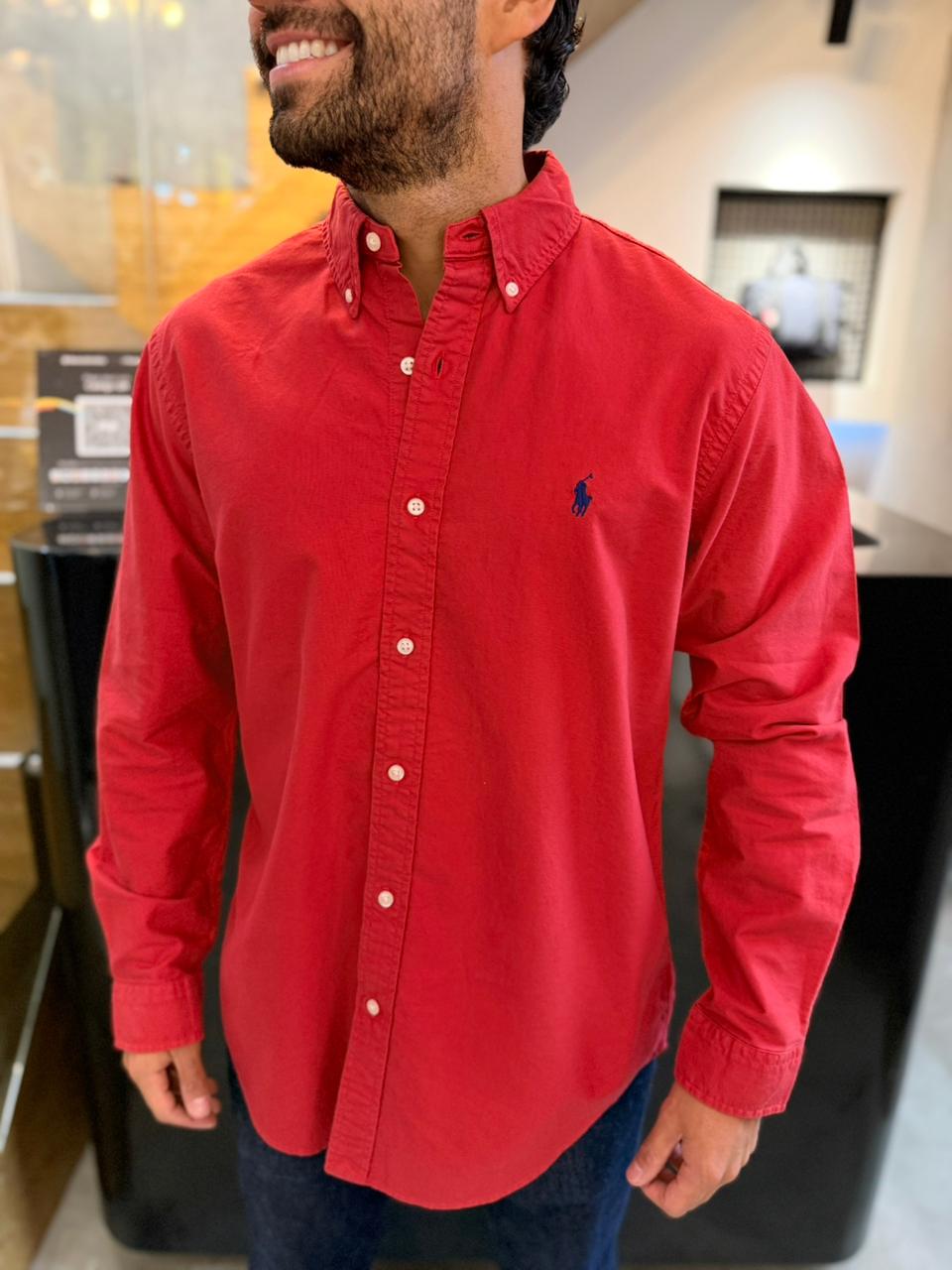 Camisa Polo R.L hombre Oxford  Roja Caballo Azul