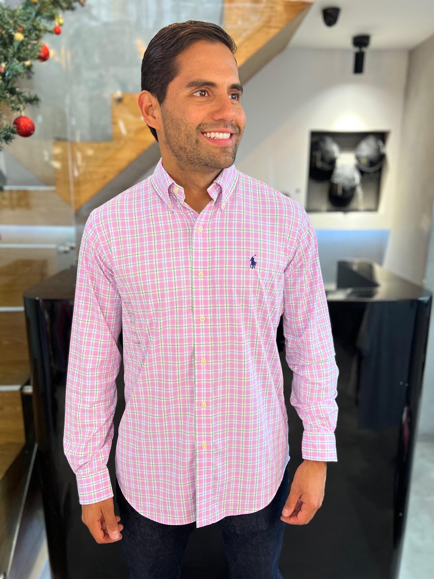 Camisa Polo R.L hombre Algodón Performance Cuadros Caballo Azul