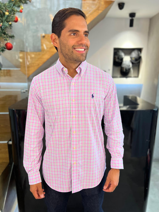 Camisa Polo R.L hombre Algodón Performance Cuadros Caballo Azul