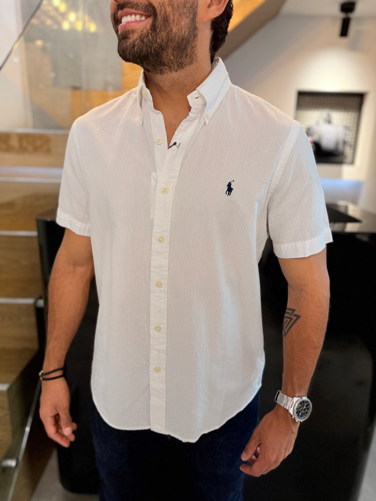 Camisa Polo R.L hombre Manga Corta Galleta Blanca Caballo Azul