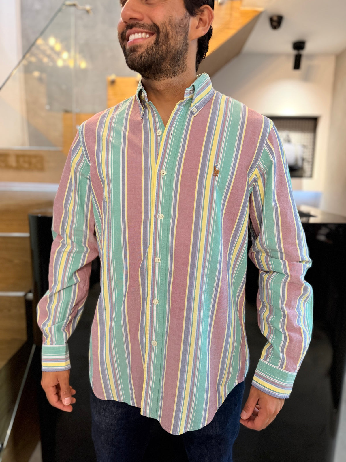 Camisa Polo R.L hombre Oxford Rayas Colores Caballo Multicolor