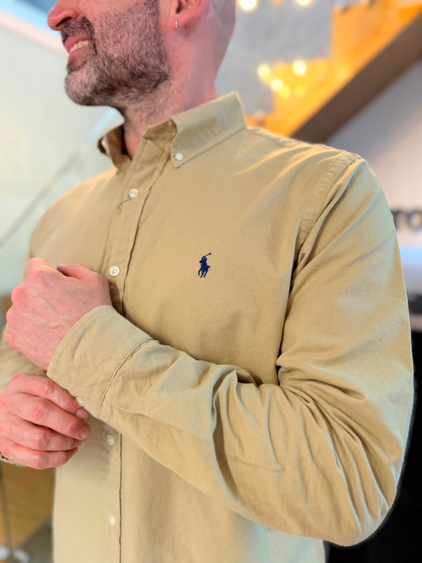 Camisa Polo R.L hombre Oxford Camel Caballo Azul