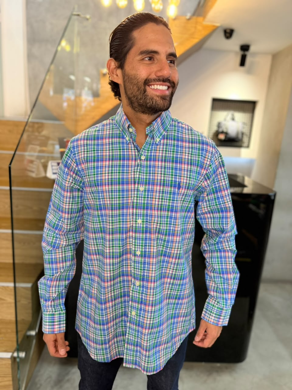 Camisa Polo R.L hombre Algodón Cuadros Colores Caballo Celeste